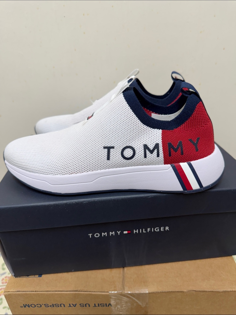 Tommy Hilfiger White Slip-On Sneaker with Red & Navy Accents SOLD